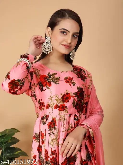 Georgette floral designer gown with long sleeves, solid pattern, Indian origin