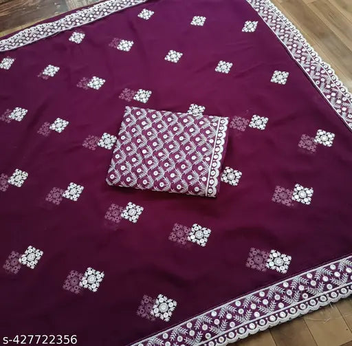 Purple pashmina embroidered lace sari with matching blouse