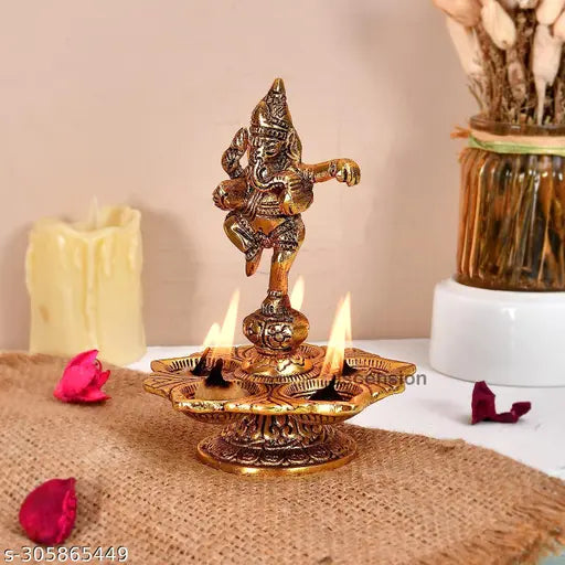 Antique metal Dancing Ganesh Diya with 5-wick holder, stand for pooja room, Indian-made, Diwali home decor