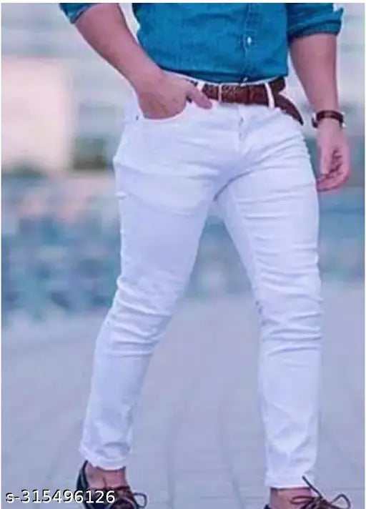 Cotton blend plain white jeans, HG43OW - High-quality flaying men denim in various sizes