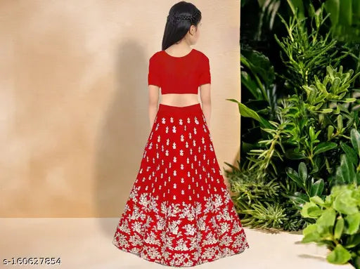 Soft silk kids' lehenga choli set, embellished and embroidered, with super net dupatta