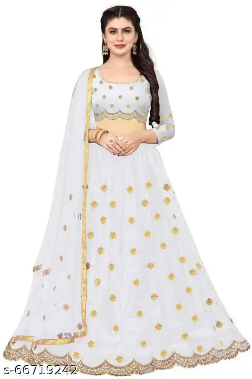 Art Silk choli and net dupatta set in Jalar white, free size with a length of 44 inches for the lehenga and 2.1 meters for the dupatta