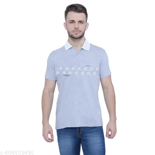 3BROS Printed Contrast Collar Neck Short Sleeves Cotton Blend Blue Stylish Fashionable & Comfortable Trendy Graphic Mens T-shirts