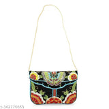 Designer leather clutch, patterned with blue floral embellishment