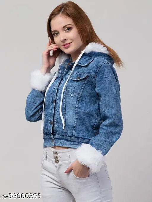 Indian-made women's solid denim jacket with long sleeves, available in sizes M (37in bust, 19in length) and XL (41in bust, 19in length)