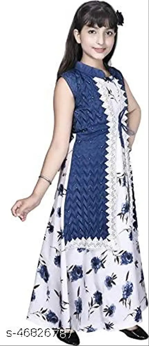 Navy Blue Cotton Blend Ethnic Gown - Floral print, short sleeve V-neck, belted design. Stylish party outfit for girls aged 4-11 years. Imported from India