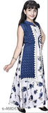 Navy Blue Cotton Blend Ethnic Gown - Floral print, short sleeve V-neck, belted design. Stylish party outfit for girls aged 4-11 years. Imported from India