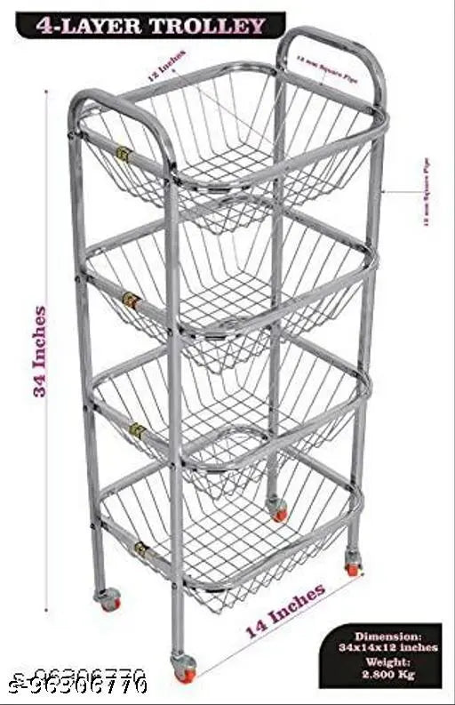 Stainless steel three-shelf trolley with rotational wheels, multiple directions mobility