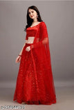 Golden Tikali red lehenga choli set: satin blouse, net lehenga & dupatta, embellished Indian attire