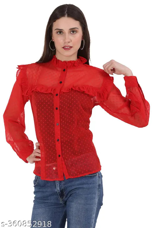 Red top ruffle trim Georgette blouse, long sleeves, solid pattern, flaunts femininity, Indian origin