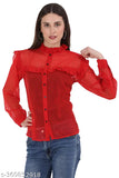 Red top ruffle trim Georgette blouse, long sleeves, solid pattern, flaunts femininity, Indian origin