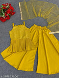 Embroidered crepe Kids Sarara suit, Indian girls' festive A-line palazzos and sharara set with dupatta