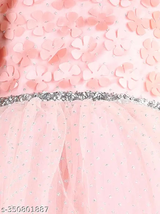 Peach floral net dress for girls, sleeveless and knee-length with embellished pattern, size 1-2 years (origin: India)