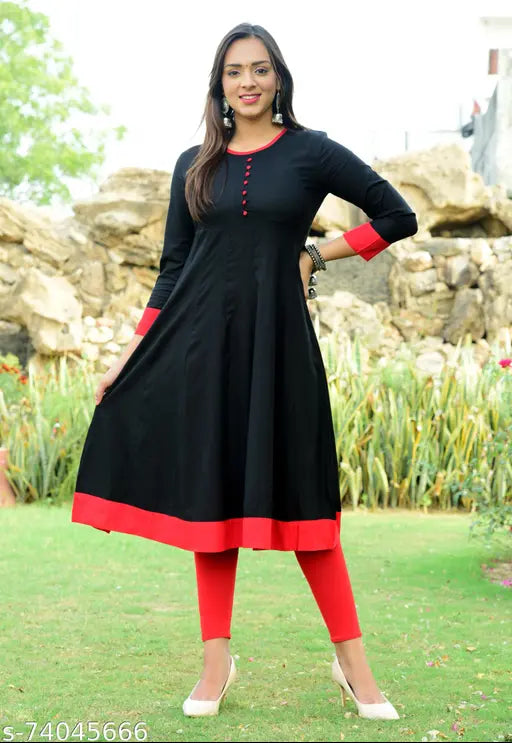 Black cotton anarkali women's kurti with red trim, straight cut