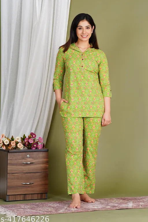 Floral print cotton coord set for women, nightwear top and bottom - Twigs & Tangerine design on comfortable cotton