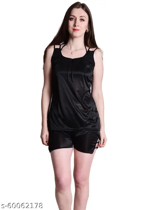 Black satin Senslife women's nightsuit set, sleeveless top & shorts, perfect for bedroom and special nights