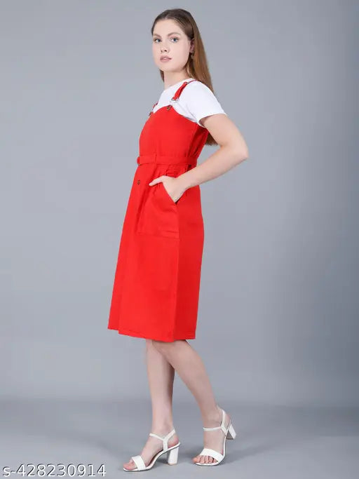 Red striped cotton dungaree dress, pinafore style with belt, best for beach travel & casual wear