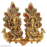 Gold-plated Laxmi Ganesh idol statue with peacock diya design, decorative showpiece (14cm H x 10cm W) - Indian handicraft