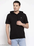 Men's black short sleeve solid cotton hooded t-shirt, high quality, round neck, India origin