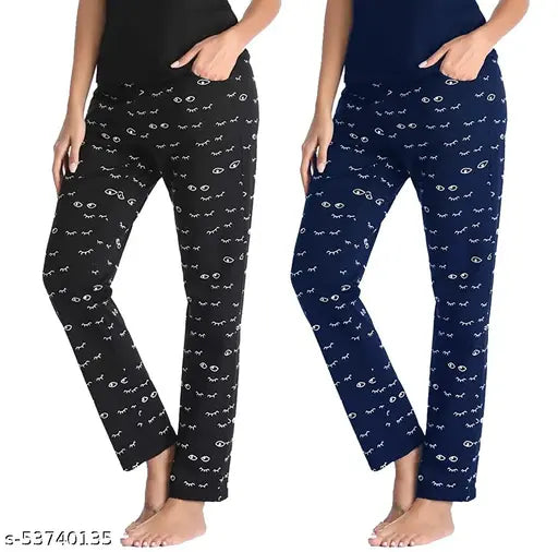 Black, white, and blue patterned women's cotton pyjamas pack of 2
