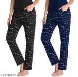 Black, white, and blue patterned women's cotton pyjamas pack of 2