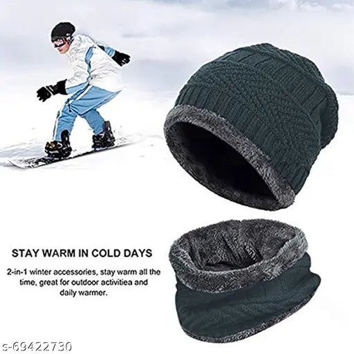 Two-in-one knit beanie cap and scarf set, ultra soft wool fabric for cold weather protection, men's women's unisex design