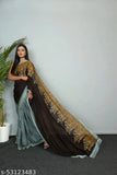 Blonde woman in blue georgette sari, long draping fabric, blouse piece