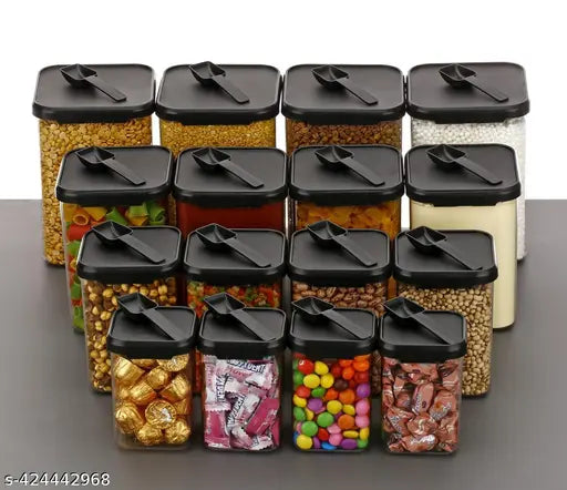 Set of five black plastic grocery containers with various sizes and capacities