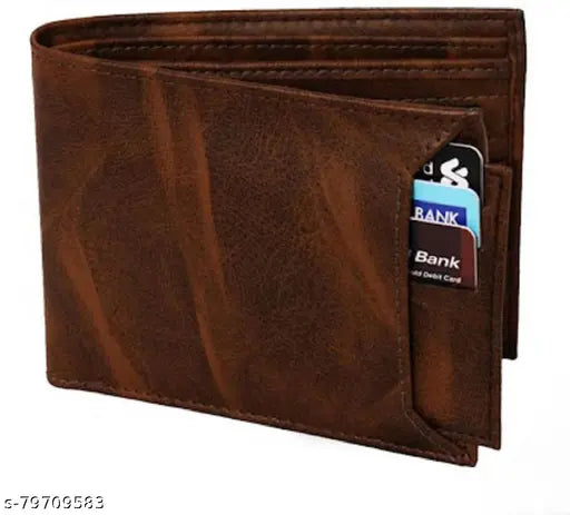 Men's leather wallet PMW052, solid pattern, 2 compartments, free size (10cm x 11cm), made in India