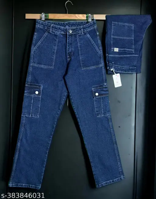 Stylish black cargo jeans for men, multiple pockets, durable denim pants with washed pattern, size 30/32/34