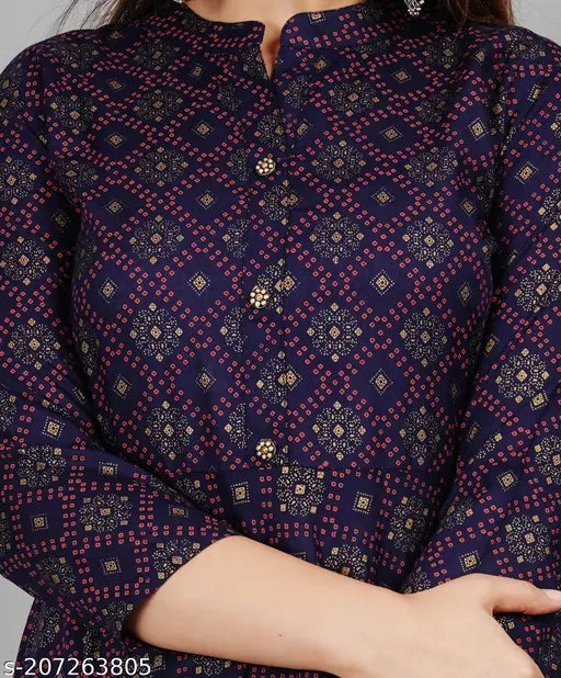 Blue printed full-flared Anarkali kurti, viscose rayon three-quarter sleeves, vibrant pattern on Indian clothing rack