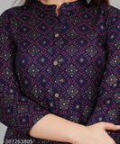 Blue printed full-flared Anarkali kurti, viscose rayon three-quarter sleeves, vibrant pattern on Indian clothing rack