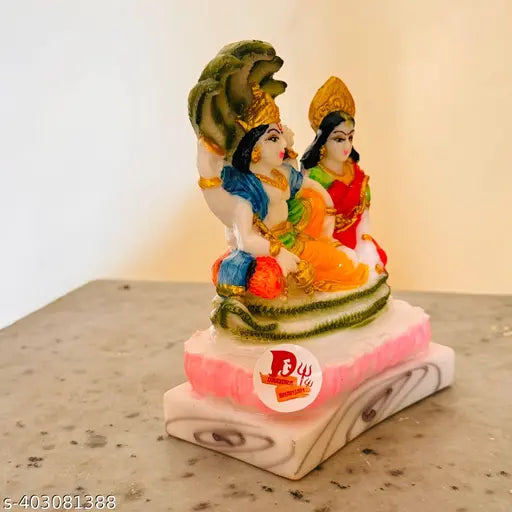 Multicolor marble Lakshmi Narayan idol, Vishnu Lakshmi sitting on Sheshnag, Indian God statue (10cm H x 14cm W x 6cm D)