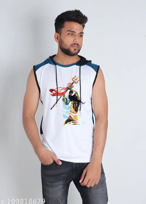 Shiv with trishul print, sleeveless polycotton t-shirt - Indian clothing for men