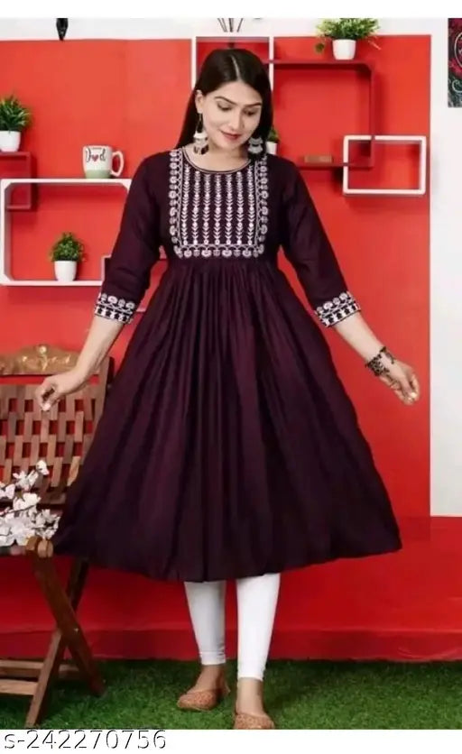 Brown rayon embroidered Anarkali Kurta with three-quarter sleeves, unique blend of traditional and western styles for women's wardrobe, India origin