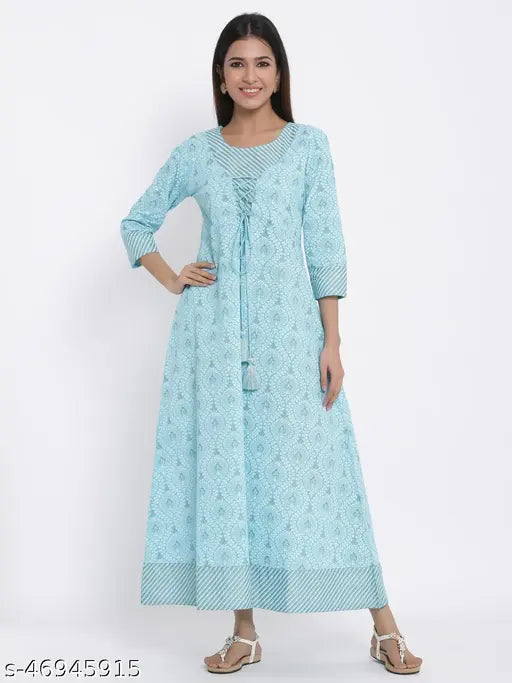 Light Blue Printed Cotton Anarkali Dress - Indian Ethnic Wear for Women