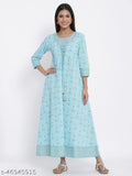 Light Blue Printed Cotton Anarkali Dress - Indian Ethnic Wear for Women