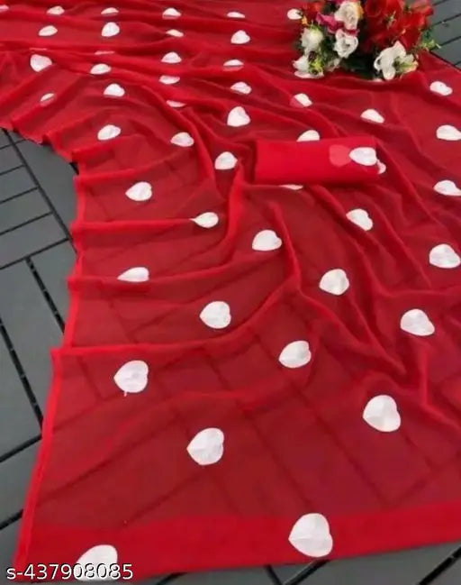 Red georgette sari with white polka dots
