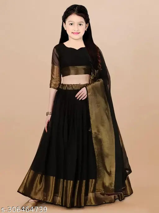 Solid black chiffon semi-stitched kids Lehenga & Choli set for 40" waist (10-14 years), party wear