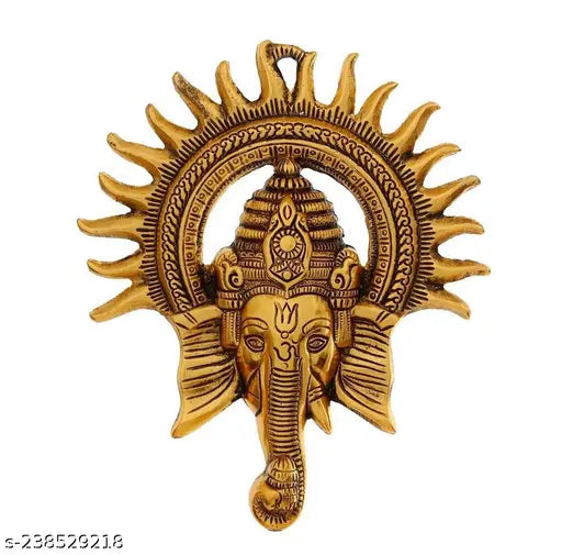 Golden Ganesh Surya Kiran wall hanging, handcrafted white metal idol for Vastu decoration, symbolizing prosperity and good luck (23x20x5 cm)