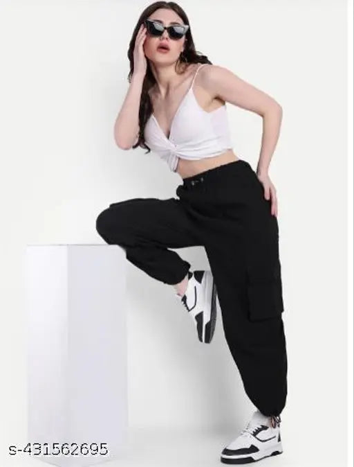 Women's solid polyester cargo-style joggers, stylish fit for S, M, L, XL sizes