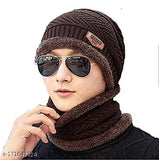Brown woolen BTS caps set: Men's and women's beanie, scarf, and touchscreen gloves, fleece-lined for winter warmth