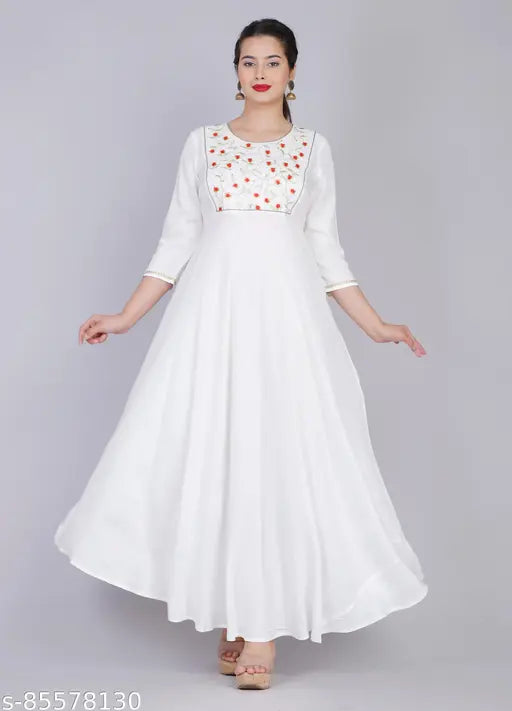 White Rayon Slub Embroidered Kurti, three-quarter sleeves, Indian fashion clothing on model