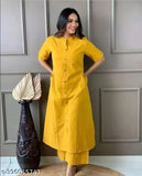 Yellow rayon kurta set with palazzos, short sleeves, solid design