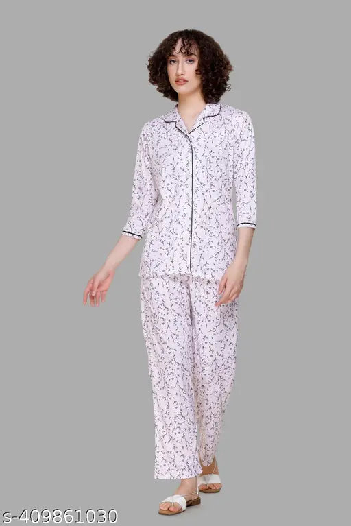 Women's printed floral front open nightsuit set, 100% cotton nightwear for sleep and lounge