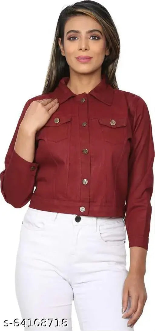 Solid long-sleeve denim women's jacket, 34th sleeve self design, made in India