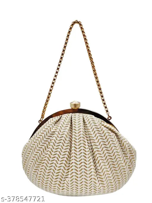 White woven clutch with gold buckle
