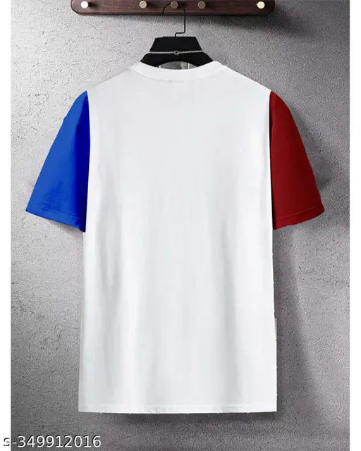 White cotton blend men's typography round t-shirt, trendy printed design on crew neck, short sleeves, Indian origin