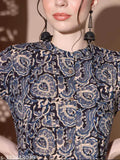 Blue Kalamkari print cotton co-ord set: Traditional Indian kurta & palazzos with roll-up sleeves & Mandarin neckline