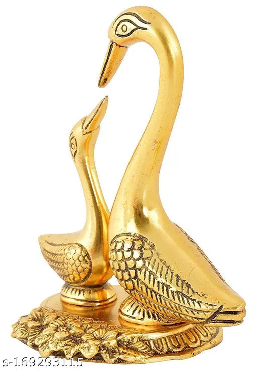 Golden shine metal Vastu Swan pair, antique-finish Kissing Duck decorative figurines. Beautiful Indian handcrafted art piece